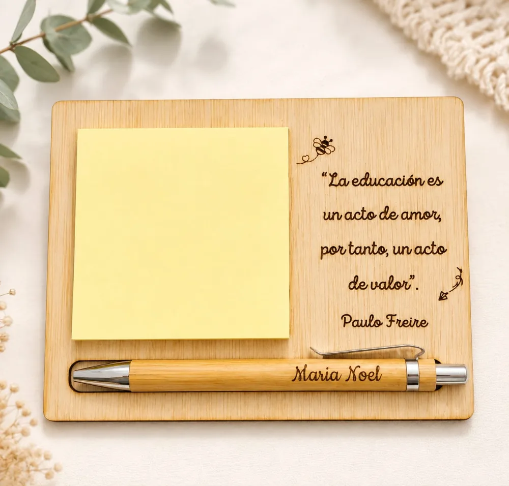 Set de escritorio de madera con un taco de notas adhesivas amarillas, una lapicera de bambú grabada con un nombre y una frase grabada en la madera.
